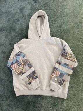 Abercrombie & Fitch Light Gray Hoodie with Patchwork Blue & Brown Sleeve Panels